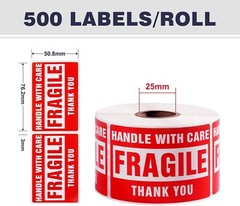Fragile Stickers 1 Roll 500 2×3 Fragile Label Sticker Handle With Care Mailing