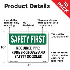 Required PPE Rubber Gloves And Safety Goggles OSHA SAFETY FIRST Sign 5/10 Pack