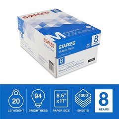 Staples Multiuse Copy Paper 8.5 x 11 20 lb 94 Bright 8 Ream 4000 Sheets
