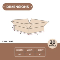 24 x 16 x 6″ Flat Corrugated Boxes, ECT-32 Brown Shipping/Moving Boxes 20/Bundle