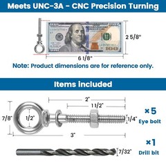 5-Pack 1/4×2-Inch Stainless Steel Eye Bolts with Nuts 3-Inch Heavy-Duty Marine