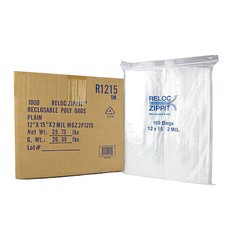 Reloc Zippit R1215 Reclosable Bag, Zip Seal, 15 In L, 12 In W, 2 Mil Thick,