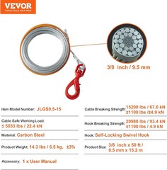 Galvanized Steel Winch Cable, 3/8 Inch X 50 Feet 15,200 Lbs Breaking Strength, W
