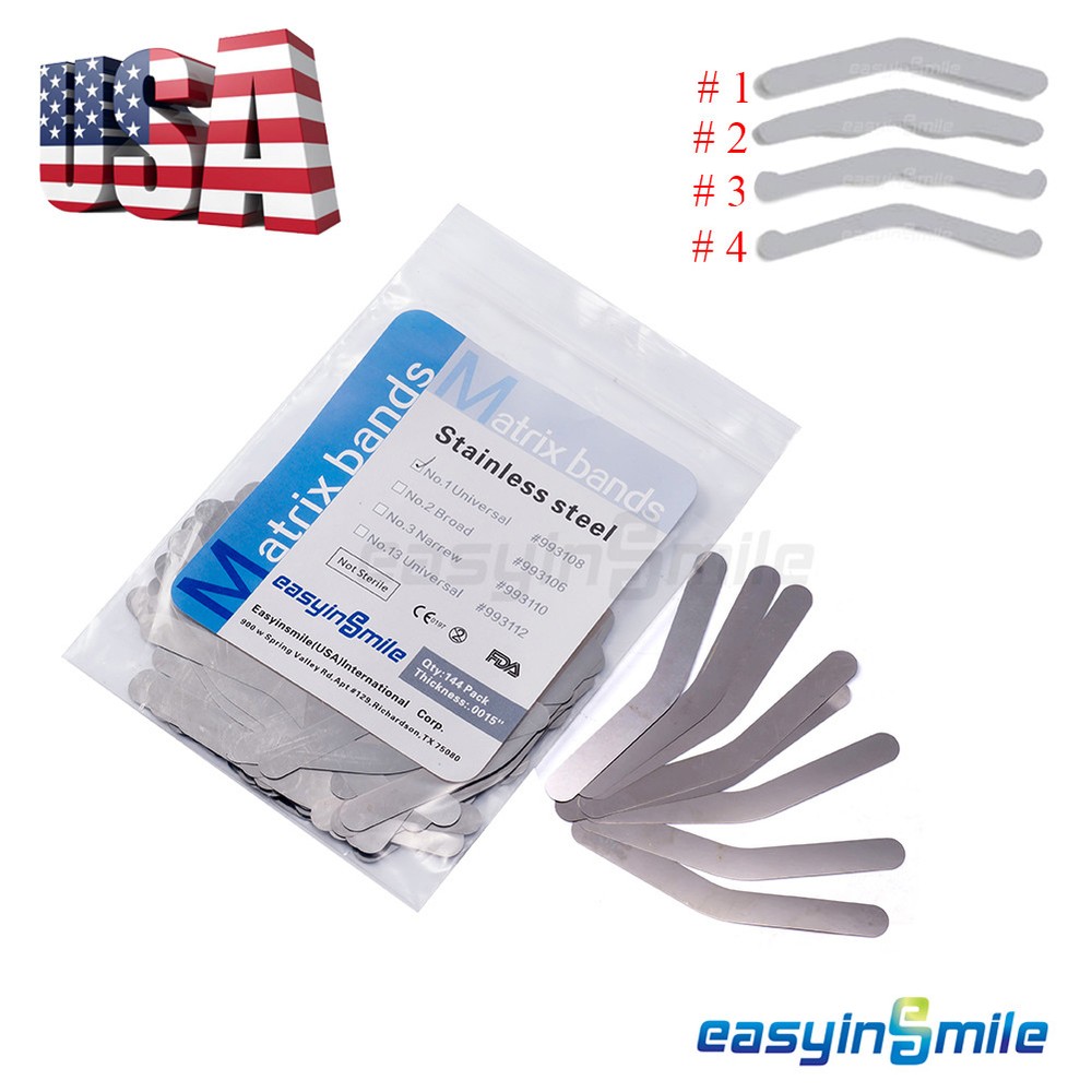 144X EASYINSMILE Dental Tofflemire Stainless Steel Matrix Bands0.015’0.04mm #1-4