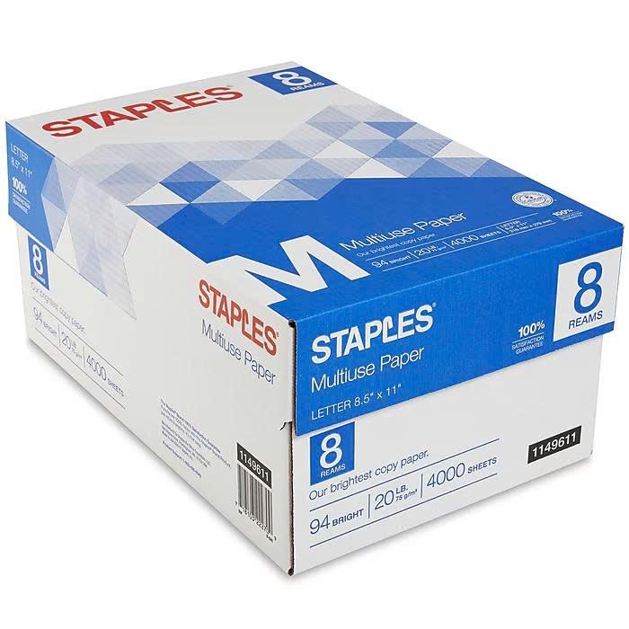 Staples Multiuse Copy Paper 8.5 x 11 20 lb 94 Bright 8 Ream 4000 Sheets