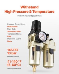VEVOR Air Compressor Filter Regulator Lubricator 3/8″ NPT Semi-Auto 145PSI Max