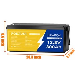 POERUNI 12V 300Ah LiFePO4 Battery 4000+ Deep Cycles 3840Wh 200A BMS for RV Solar