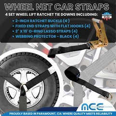 USA 4 Pack 2″ x10′ Side Mount Wheel Net Tie Down Ratchet w/Flat Hook Lasso Strap