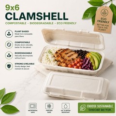 25 Pack 9×6 Compostable Clamshell Container, Eco Friendly Food Packaging