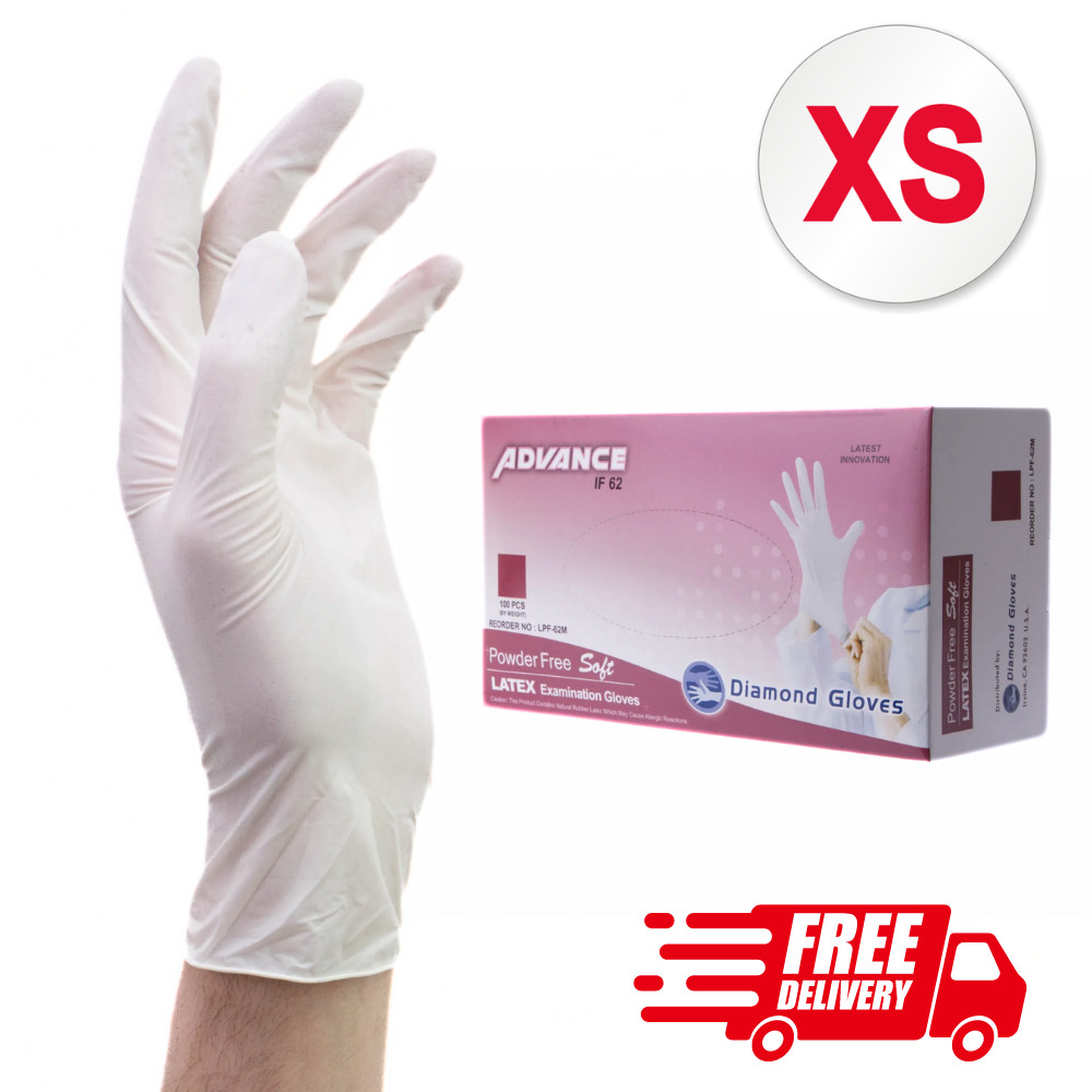 100 X-SMALL XS Advance IF62 Latex Exam Gloves White Powder-Free, Textured
