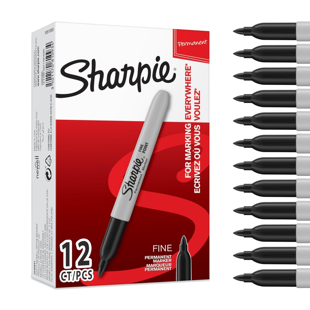 Permanent Markers, Fine Point, Black, 12 Count
