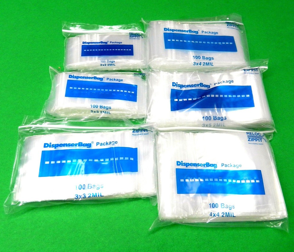 600 Bags Reloc Zippit 2mil Clear Assorted 100 Each Size 2×2 2×3 3×3 3×4 3×5 4×4