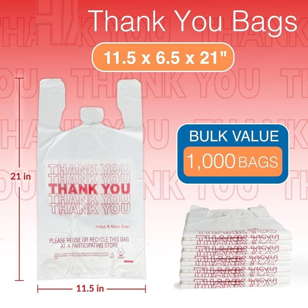 New Large 21 x 6.5 x 11.5 Thank You T-Shirt Plastic whiteBags 1000 FREESHIPPING