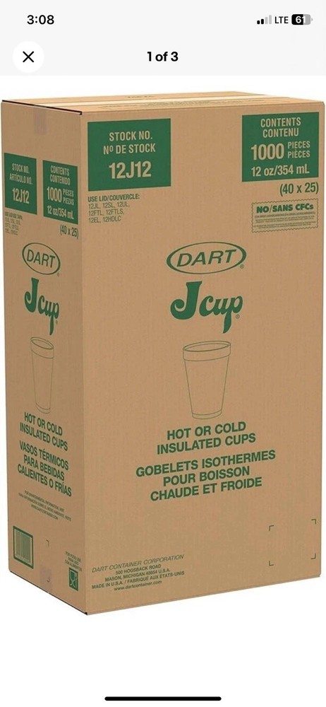 Dart 12J12 Foam Cup 12 oz Insulated White Disposable Drink Cup 1,000/Case