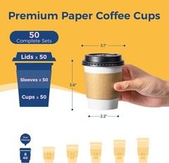 50 Pack 8 oz Eco-Friendly Disposable Coffee Cups with Lids & Sleeves – Leak-P…