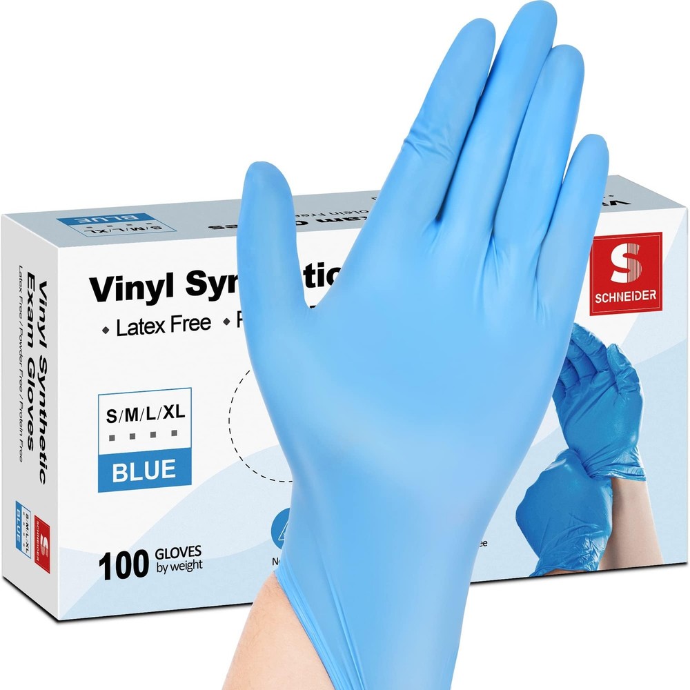 Schneider Blue Vinyl Synthetic Exam Gloves, Medium, Box of 100, 4 Mil,