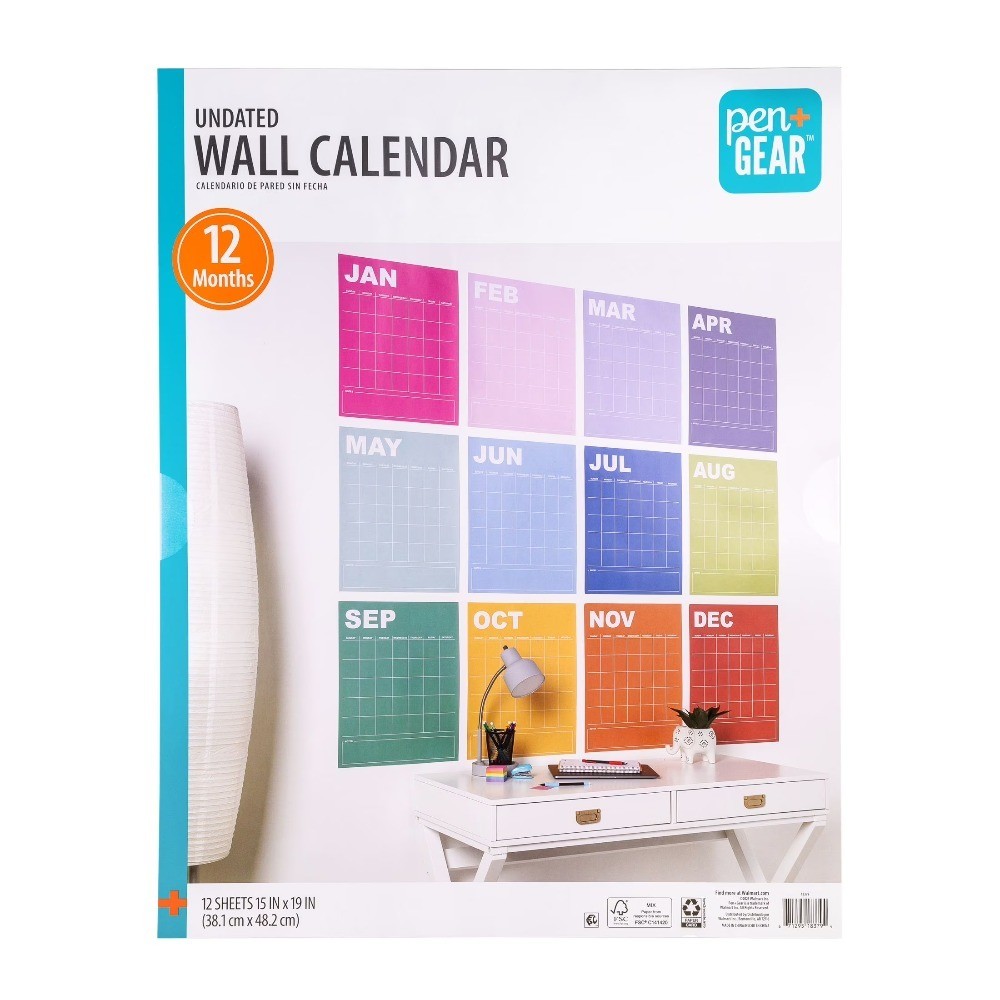 Monthly Undated Calendar Rainbow Large 15 x 19 Inch Planner Grid Pages for Wall