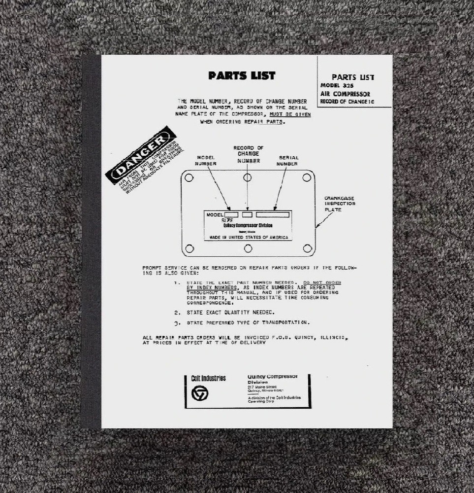Quincy 325 ROC 10 Air Compressor Service Parts List Manual Fits Model 3252163