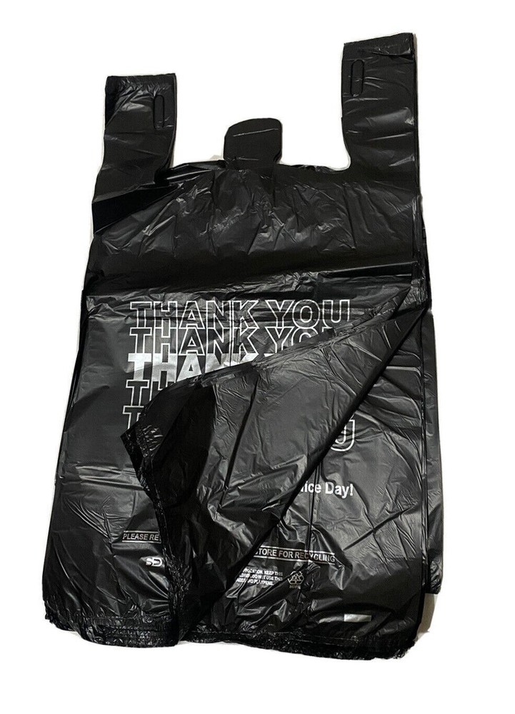 Bags 1/6 Large 21 x 6.5 x 11.5 THANK YOU Black T-Shirt Plastic Shopping Bags
