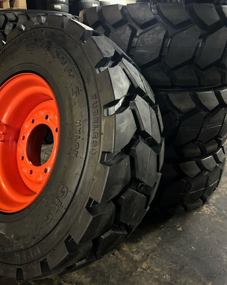 (4) 12-16.5 ROAD CREW SKS-3 14 PLY Skid Steer Loader Tire with Orange Color Rims