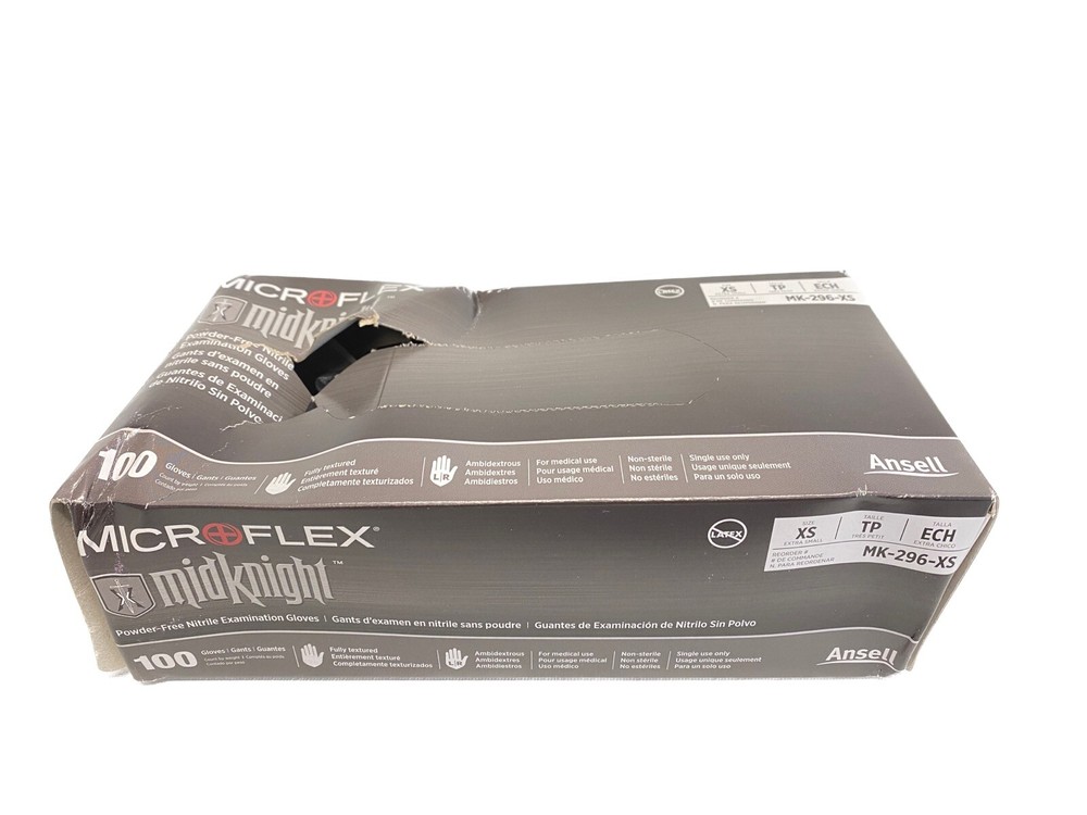 (100/Pk) ANSELL Microflex Midknight Nitrile Exam Gloves – XSmall – Black MK296XS