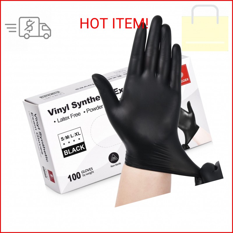 Schneider Black Vinyl Exam Gloves, 4mil, Disposable Latex-Free, Plastic Gloves f