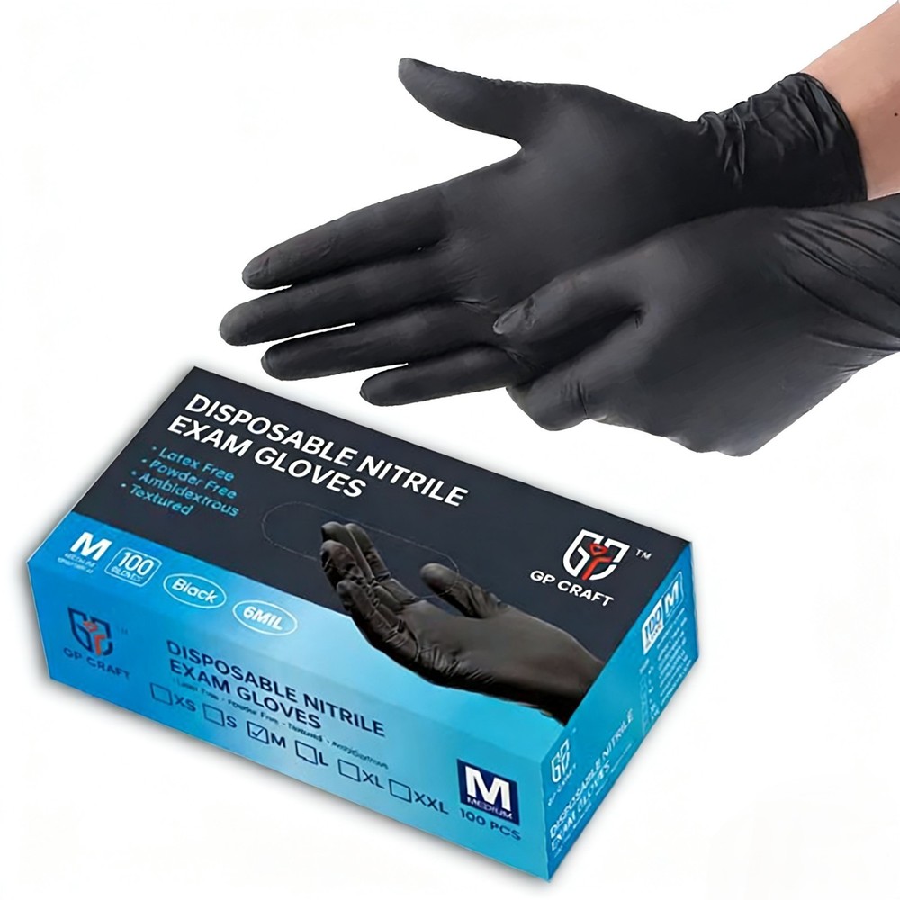 100 Pack Heavy Duty Black 6Mil Nitrile Disposable Gloves Latex-Free Powder-Free
