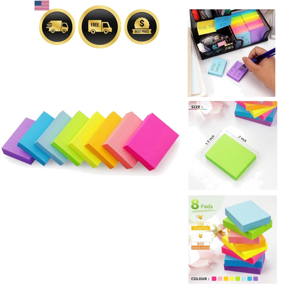 Sticky Notes 1.5×2 inch Bright Colors Self-Stick Pads 8 Pads/Pack 100 Sheets/…
