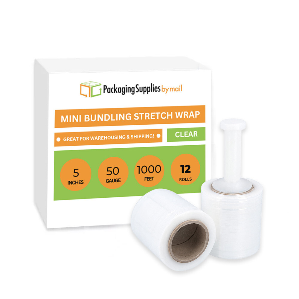 Mini Stretch Wrap Shrink Film, 12 Rolls, 5″x1000′, 50 Gauge, with Plastic Handle