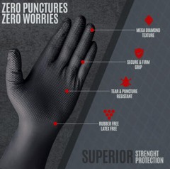 Heavy Duty 8 Mil Black Nitrile Disposable Gloves Raised Diamond Texture