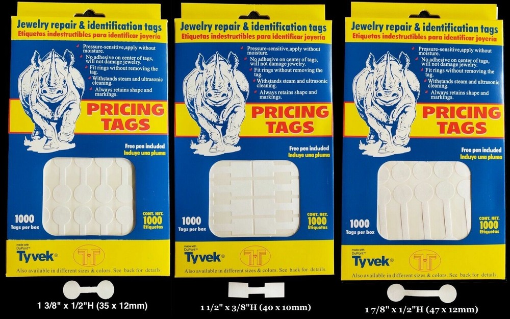 1000 Rhino Tyvek White Adhesive Dumbbell Jewelry Labeling Price Tags – 3 Styles