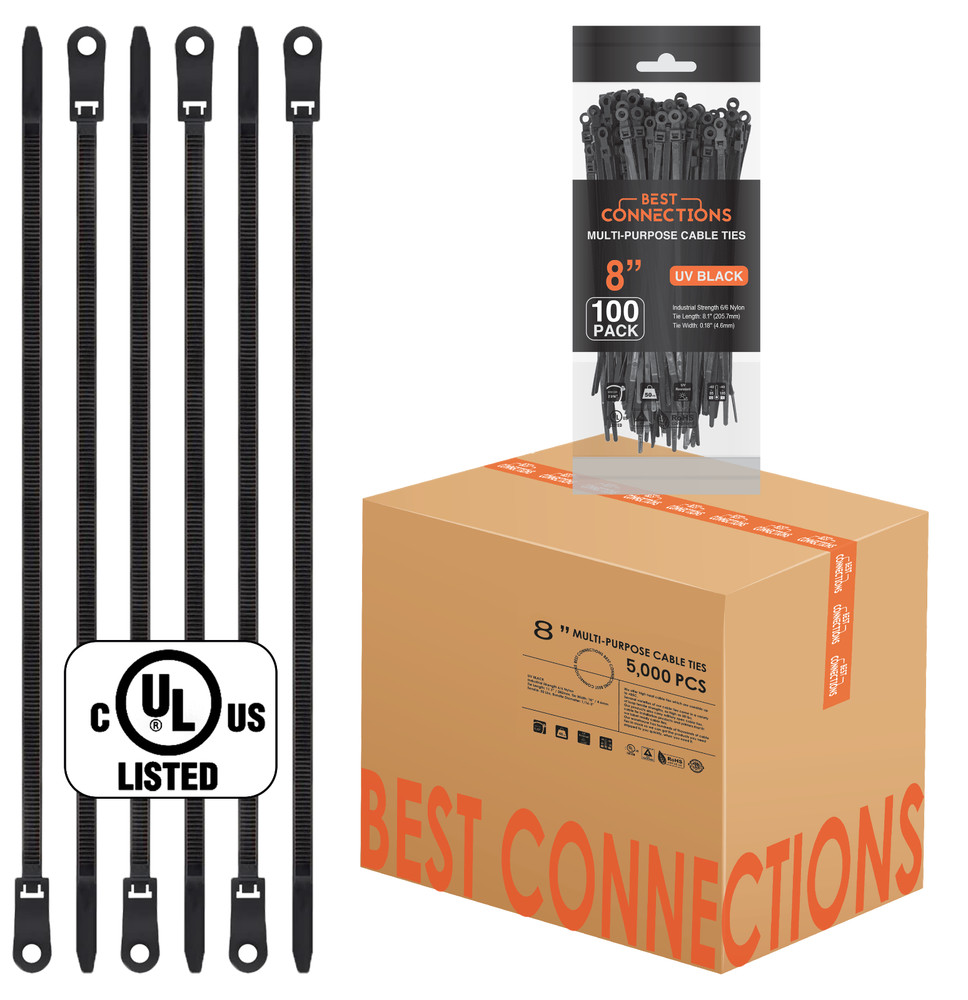 5,000 Pieces 8″ UV Black Nylon Cable Zip Ties Strong with Screw Down Hole