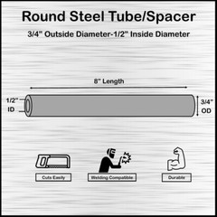 Mild Steel Spacer-Tubing- 3/4″ OD x 1/2″ ID x 8″ Long–Fits M12 or 1/2″ Bolts