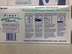 First Mark 981305 Powdered Rolled Cuff Food safe vinyl gloves 4 boxes of 100 LG