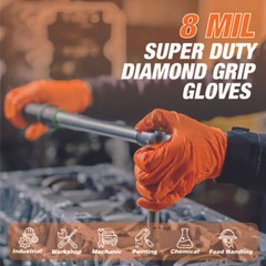 Heavy Duty Industrial Orange Nitrile Gloves with Raised Diamond Texture, 8-mil