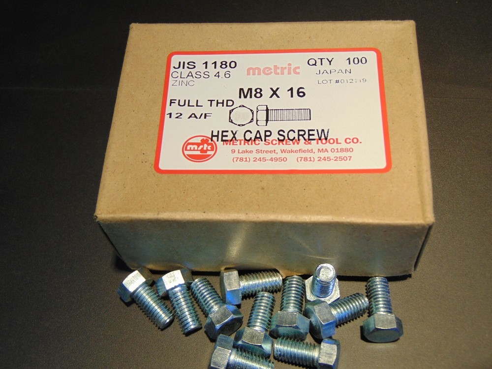 M8 X 16 JIS 1180 HEX CAP SCREW BOLT, BOX OF 100pcs, 12mm WRENCH SIZE, CLASS 4.6