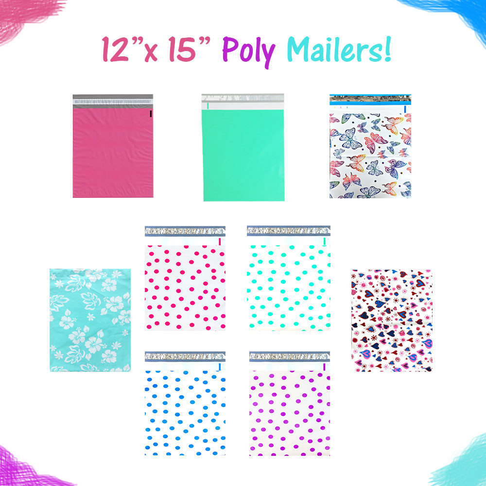 12″ x 15″ Designer Poly Mailers, Pink,Teal, Polka Dots,Hearts Flat Shipping Bags