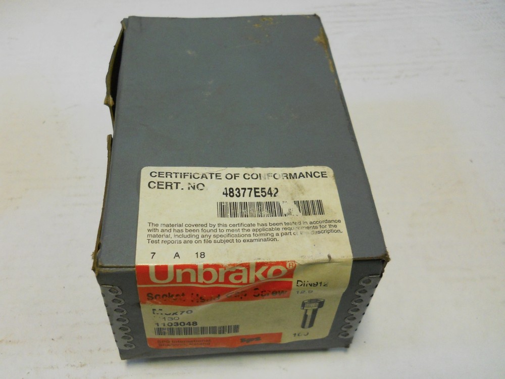 UNBRAKO M6 X 70MM SOCKET HEAD CAP SCREWS NEW SEALED BOX OF 100 PCS.