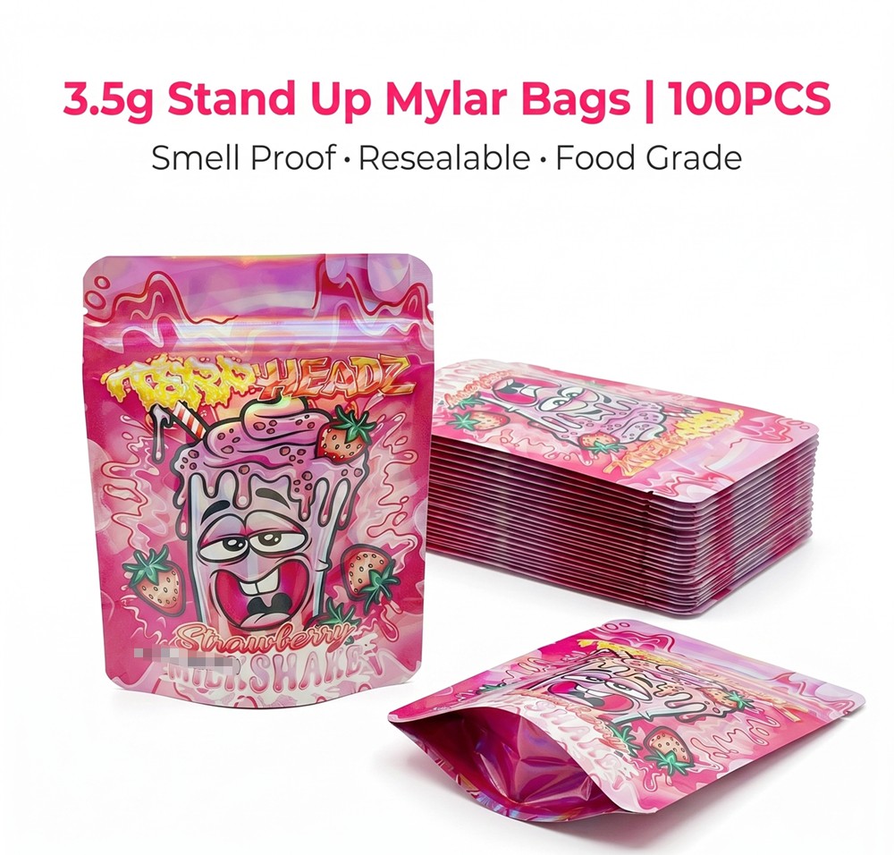 Smell Proof 3.5g Cartoon Print Mylar Bags 100pcs Zip Seal Stand Up Gummies Bags