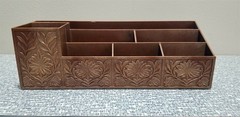 Vintage SMALL PLASTIC Desk ORGANIZER Caddie FAUX Carved WOOD Hong Kong