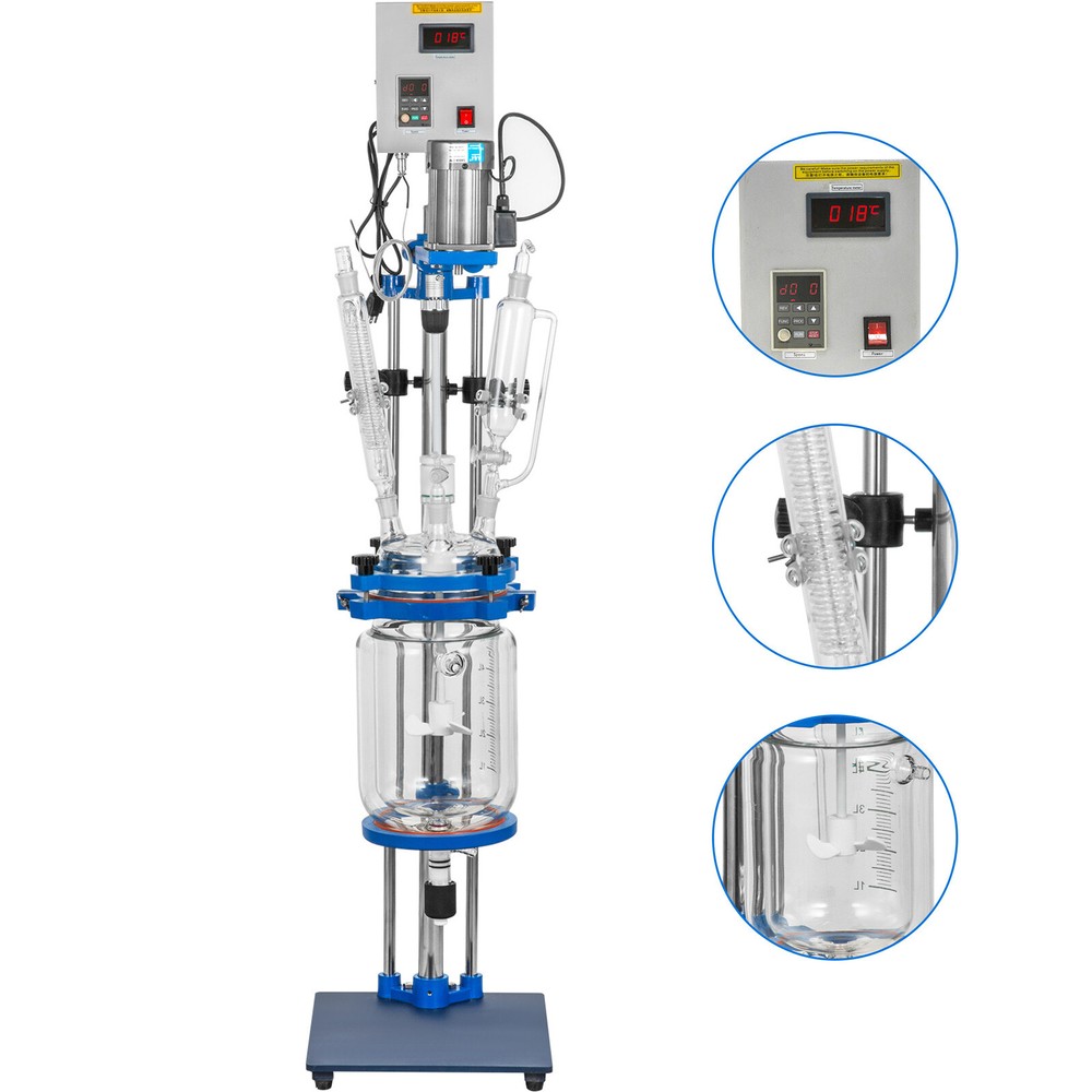 5L Jacketed Glass Reactor 110V Reaction Vessel 100w Digital 0-1200r/min US