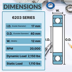 (2) 6203-ZZ Premium Metal Shield Ball Bearing C3 EMQ, 17x40x12, 6203 ZZ 6203z