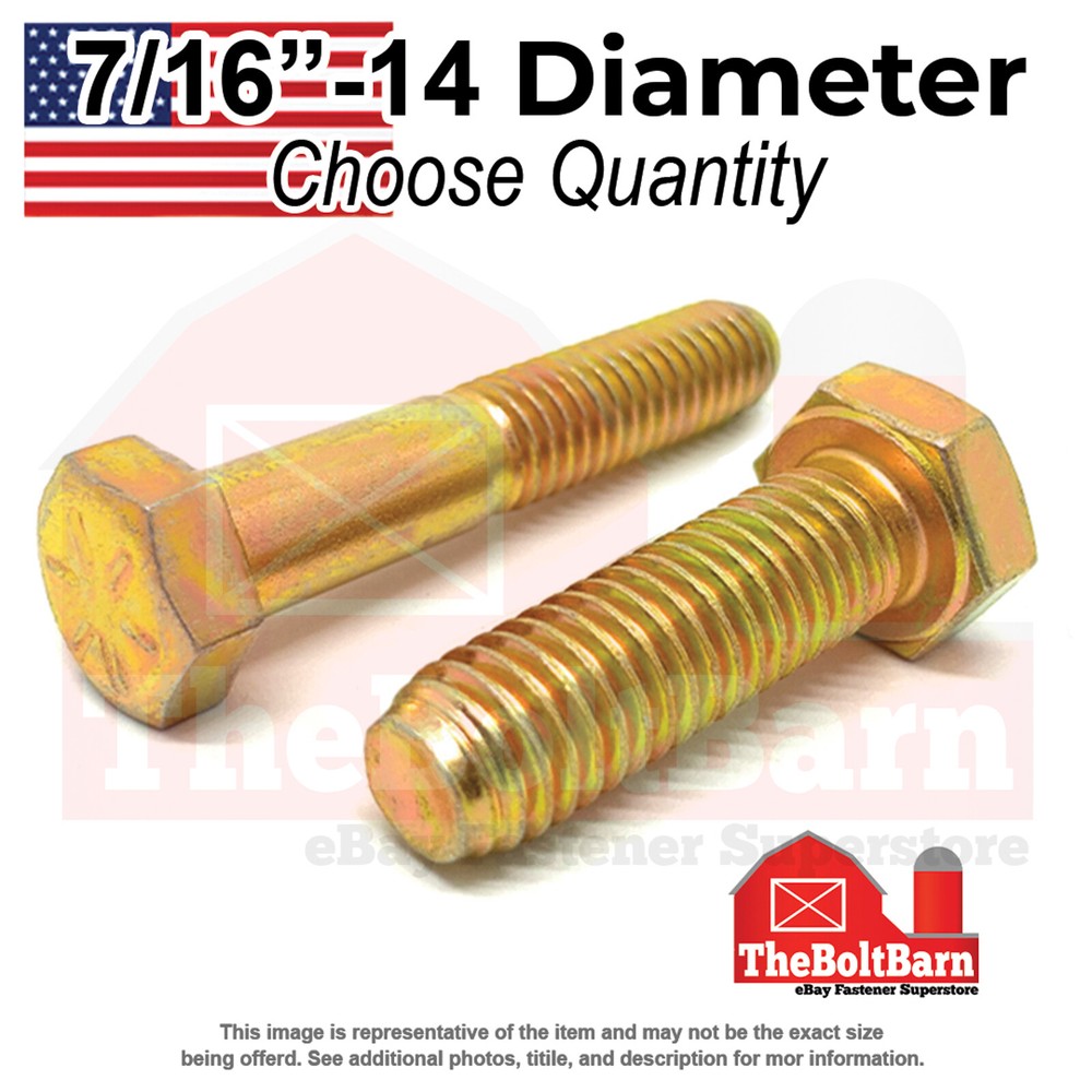 7/16″-14 Grade 8 Coarse Hex Cap Screws Zinc Yellow USA Made(Choose Length & Qty)