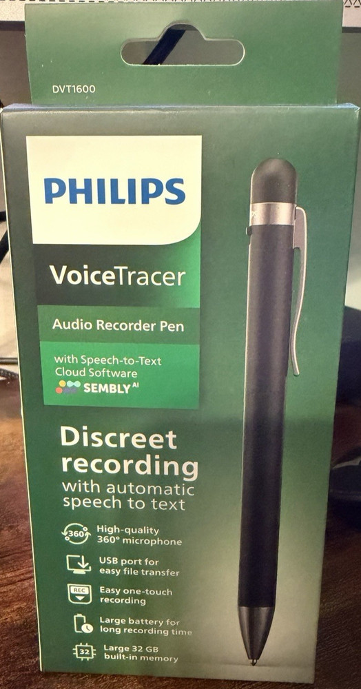 Philips VoiceTracer DVT1600 32GB Recording Pen with Sembly Speech-to-Text NEW