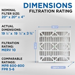 20x20x4 MERV 10 AC Air Filters. 6 PACK. Actual Size: 19-1/2 x 19-1/2 x 3-3/4