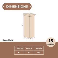 6 x 6 x 60″ Tall Corrugated Boxes, ECT-32 Brown Shipping/Moving Boxes 15/Bundle