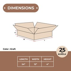 24 x 12 x 4 – Flat Corrugated Boxes – ECT-32, 25/Bundle