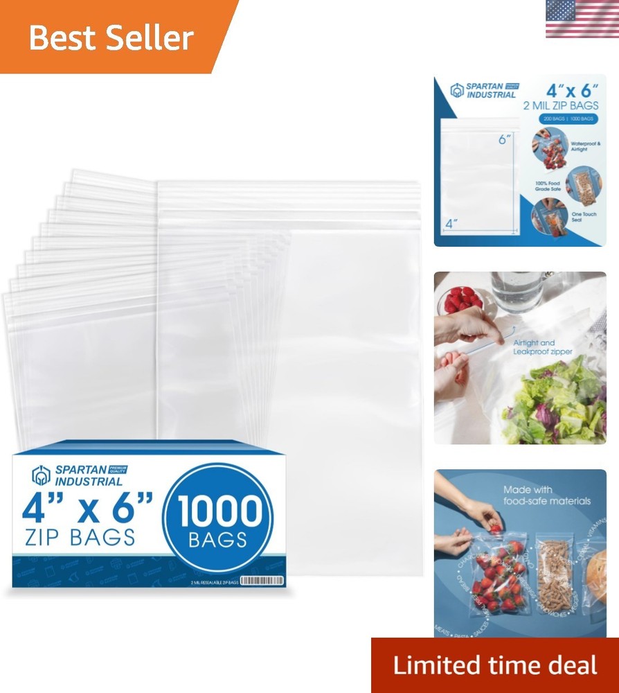 4” X 6” 1000 Count 2 Mil Clear Reclosable Zip Plastic Poly Bags with Resealab…