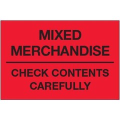 2 x 3″ “Mixed Merchandise – Check Contents Carefully” Labels, Red 500/Roll
