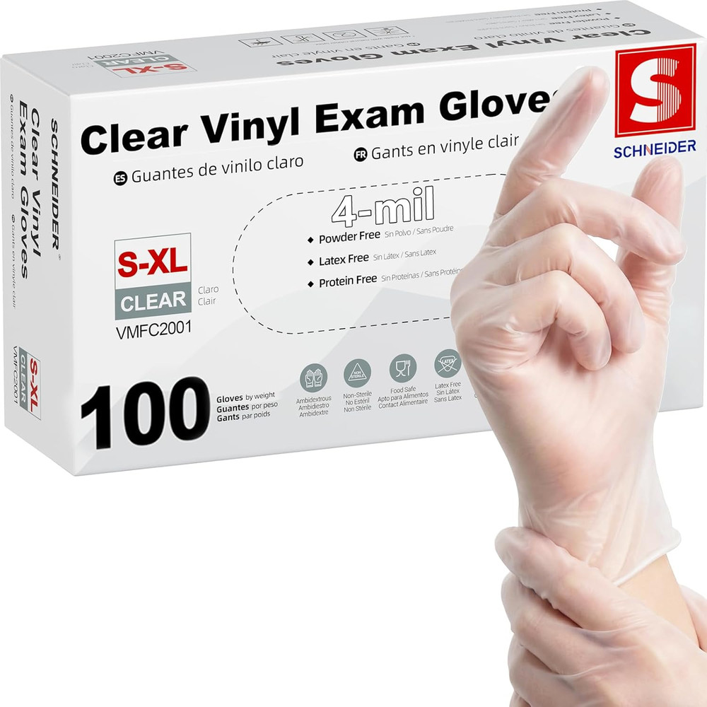 Schneider Clear Vinyl Exam Gloves, Latex-Free, Disposable Medical Gloves, Cleani